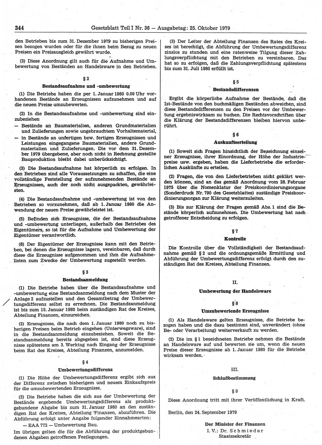 Gesetzblatt (GBl.) der Deutschen Demokratischen Republik (DDR) Teil Ⅰ 1979, Seite 344 (GBl. DDR Ⅰ 1979, S. 344)