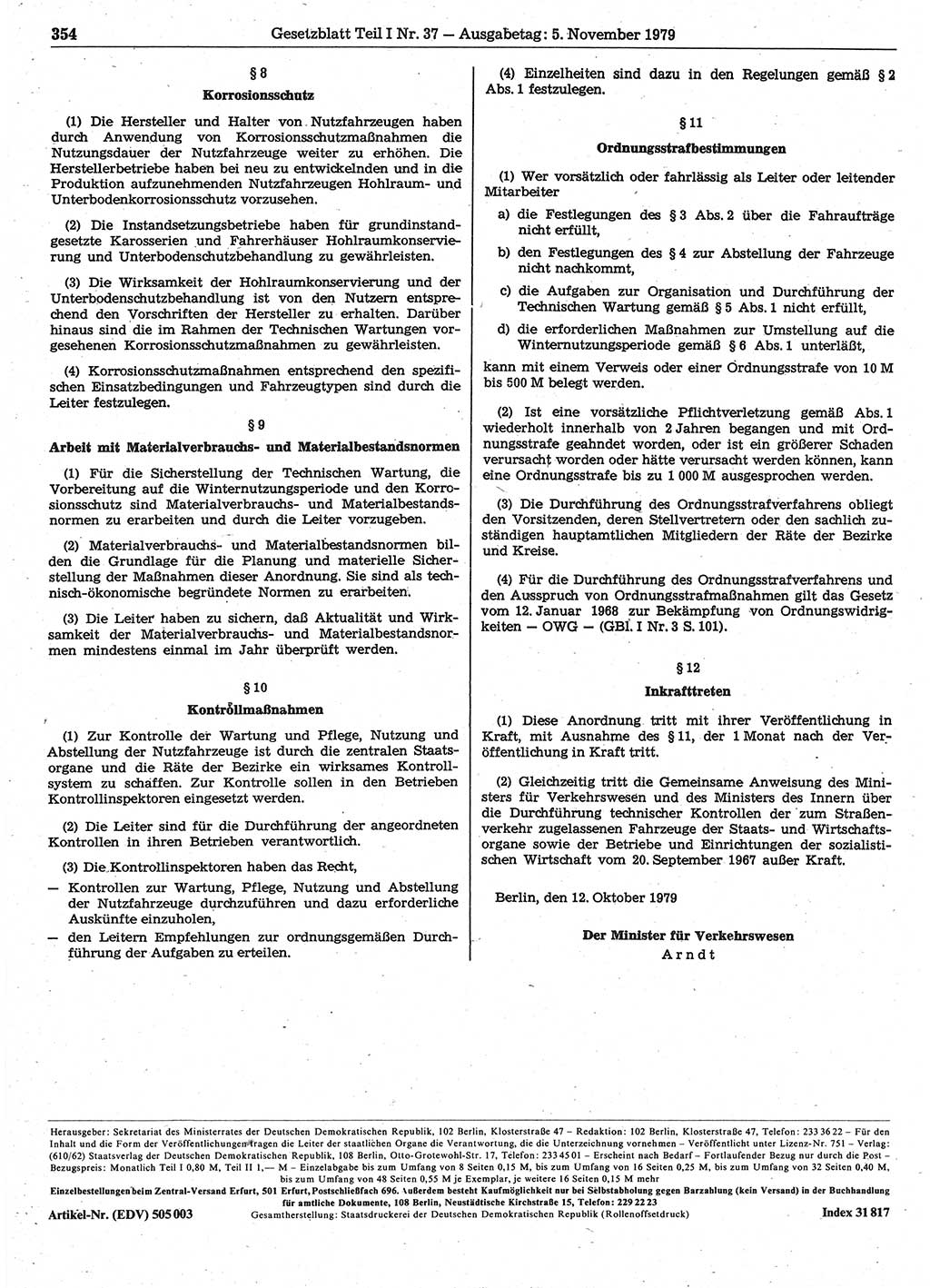 Gesetzblatt (GBl.) der Deutschen Demokratischen Republik (DDR) Teil Ⅰ 1979, Seite 354 (GBl. DDR Ⅰ 1979, S. 354)