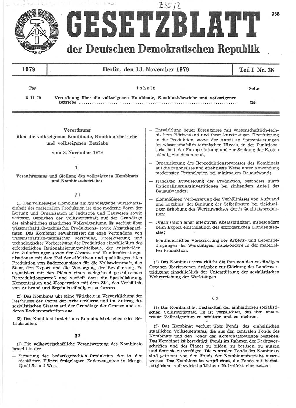 Gesetzblatt (GBl.) der Deutschen Demokratischen Republik (DDR) Teil Ⅰ 1979, Seite 355 (GBl. DDR Ⅰ 1979, S. 355)