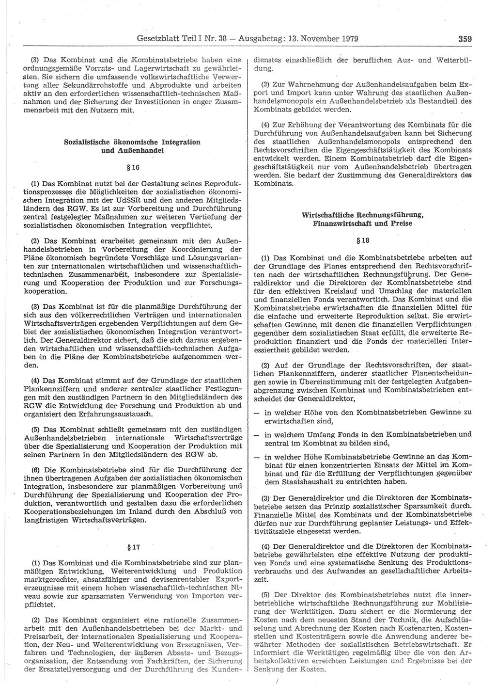 Gesetzblatt (GBl.) der Deutschen Demokratischen Republik (DDR) Teil Ⅰ 1979, Seite 359 (GBl. DDR Ⅰ 1979, S. 359)