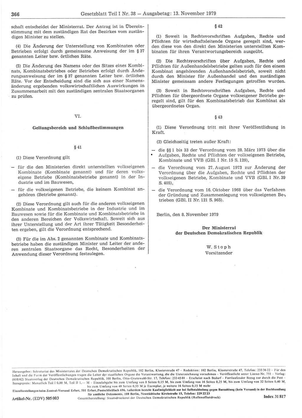 Gesetzblatt (GBl.) der Deutschen Demokratischen Republik (DDR) Teil Ⅰ 1979, Seite 366 (GBl. DDR Ⅰ 1979, S. 366)