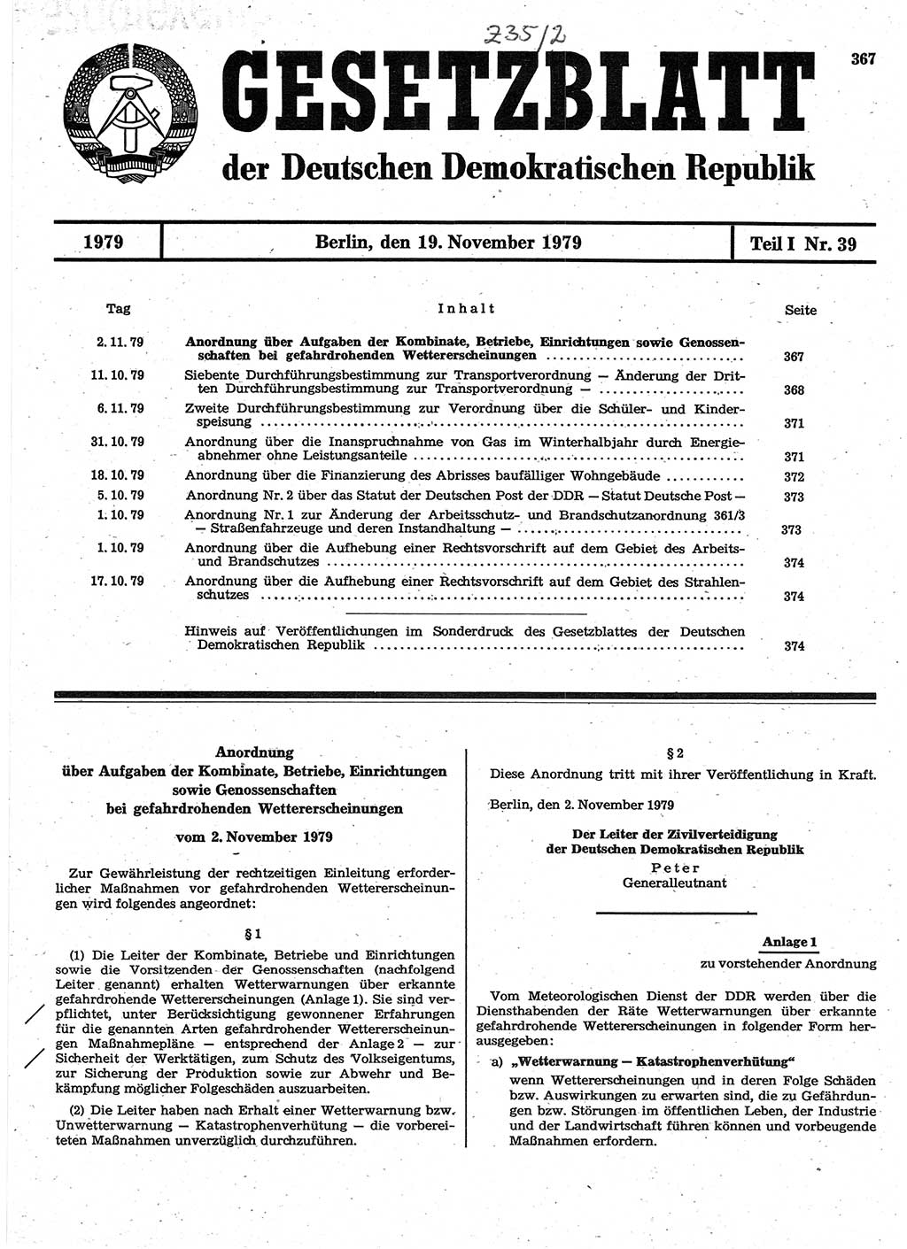 Gesetzblatt (GBl.) der Deutschen Demokratischen Republik (DDR) Teil Ⅰ 1979, Seite 367 (GBl. DDR Ⅰ 1979, S. 367)