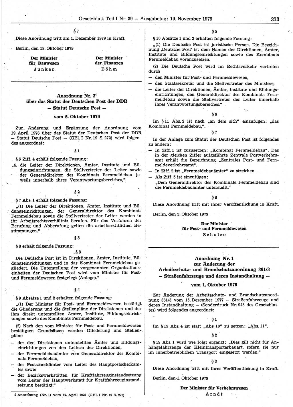 Gesetzblatt (GBl.) der Deutschen Demokratischen Republik (DDR) Teil Ⅰ 1979, Seite 373 (GBl. DDR Ⅰ 1979, S. 373)
