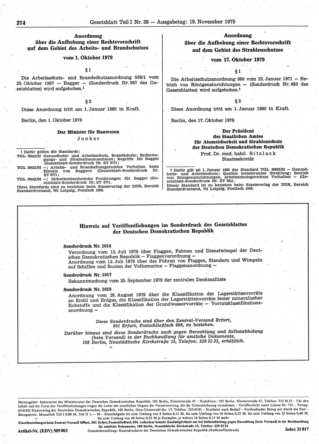 Gesetzblatt (GBl.) der Deutschen Demokratischen Republik (DDR) Teil Ⅰ 1979, Seite 374 (GBl. DDR Ⅰ 1979, S. 374)