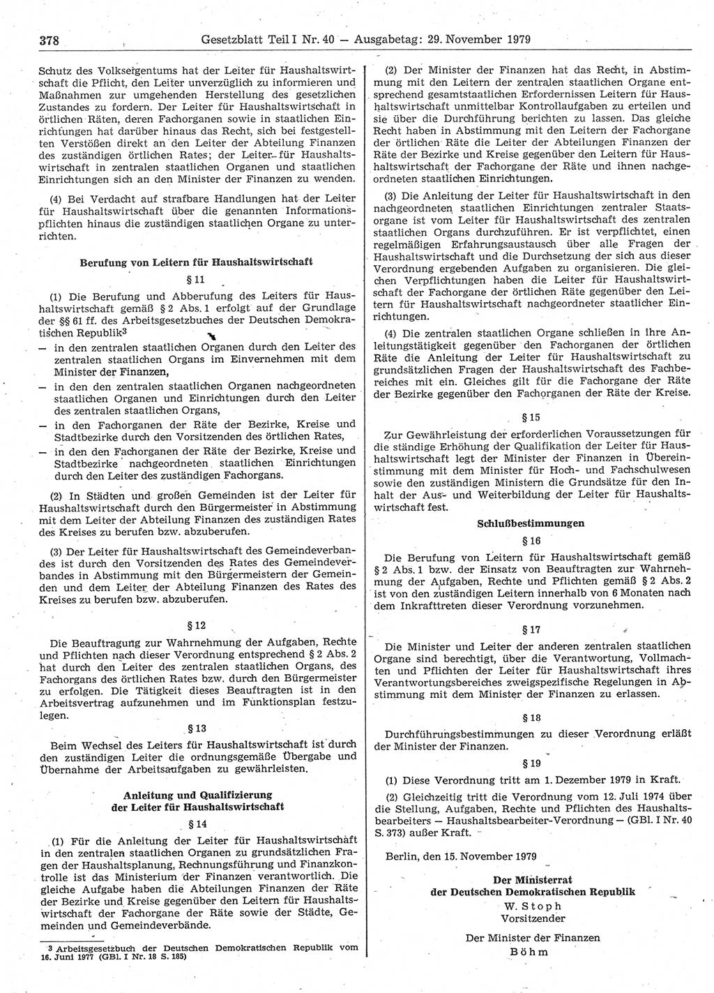 Gesetzblatt (GBl.) der Deutschen Demokratischen Republik (DDR) Teil Ⅰ 1979, Seite 378 (GBl. DDR Ⅰ 1979, S. 378)