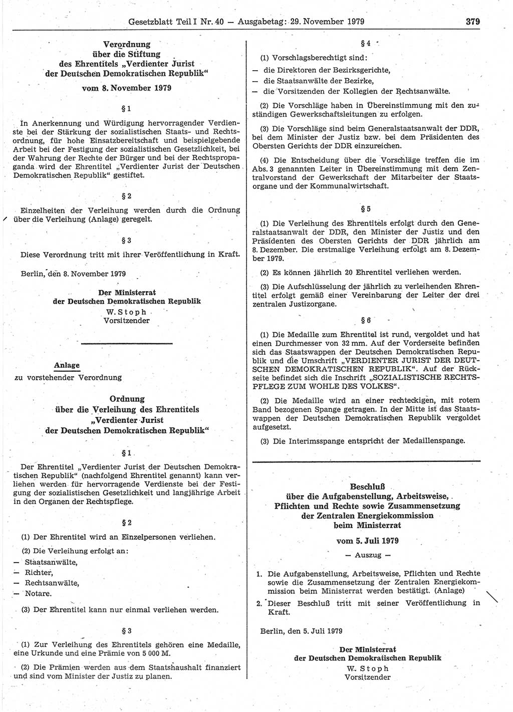 Gesetzblatt (GBl.) der Deutschen Demokratischen Republik (DDR) Teil Ⅰ 1979, Seite 379 (GBl. DDR Ⅰ 1979, S. 379)