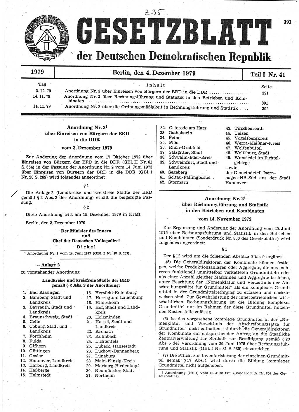 Gesetzblatt (GBl.) der Deutschen Demokratischen Republik (DDR) Teil Ⅰ 1979, Seite 391 (GBl. DDR Ⅰ 1979, S. 391)
