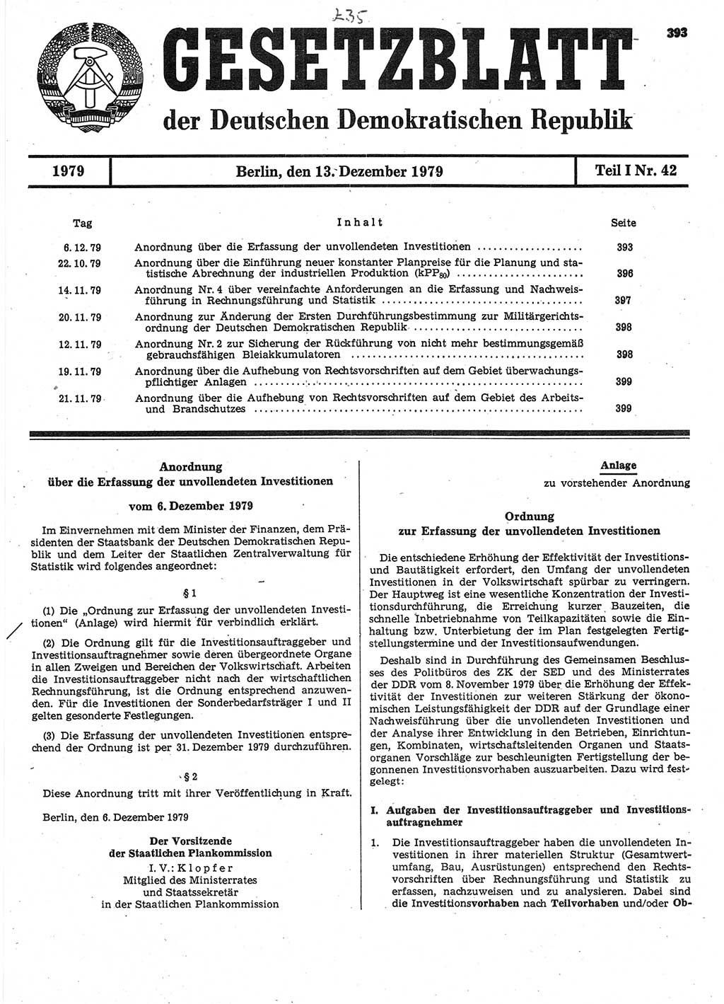 Gesetzblatt (GBl.) der Deutschen Demokratischen Republik (DDR) Teil Ⅰ 1979, Seite 393 (GBl. DDR Ⅰ 1979, S. 393)