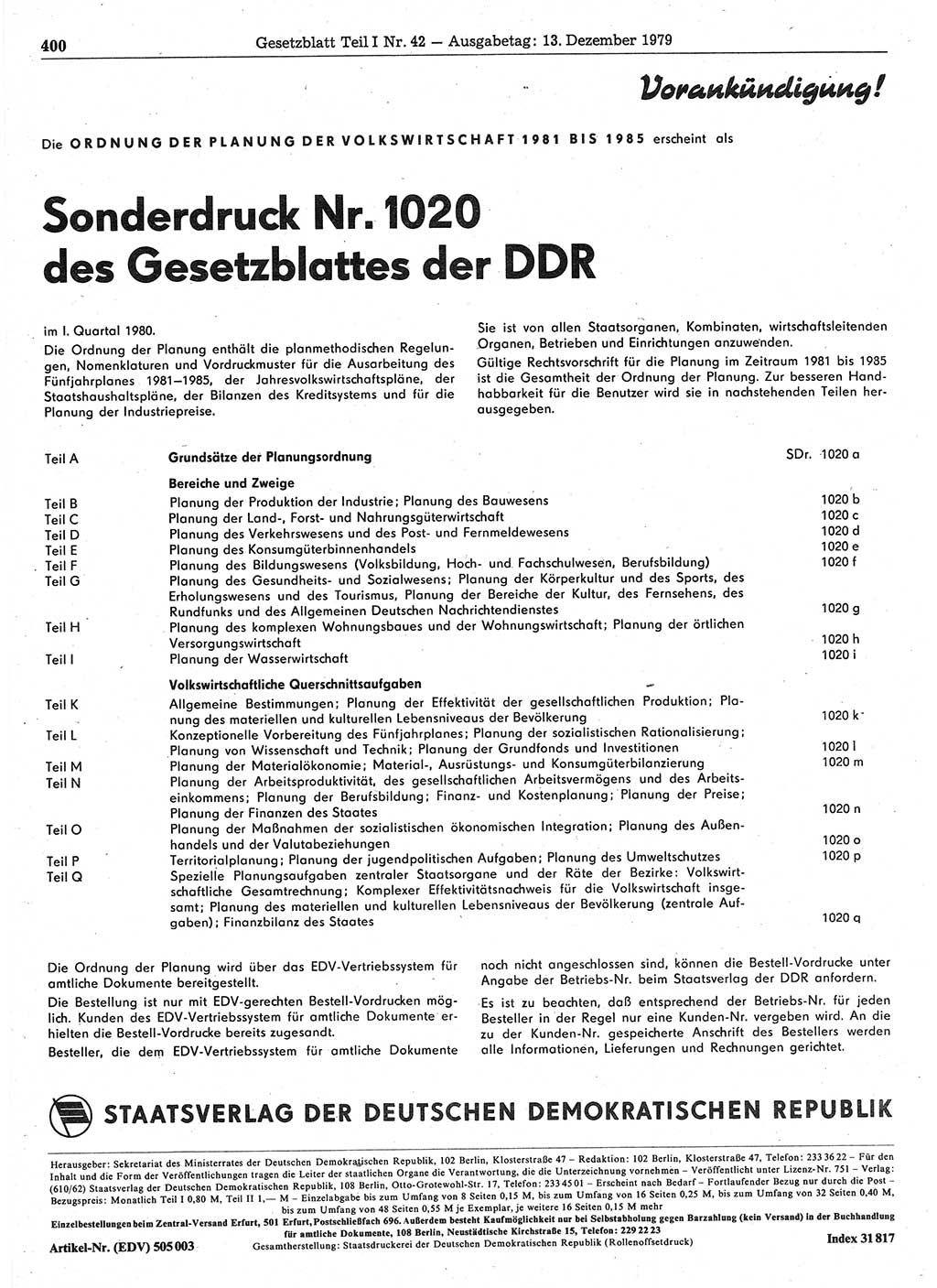 Gesetzblatt (GBl.) der Deutschen Demokratischen Republik (DDR) Teil Ⅰ 1979, Seite 400 (GBl. DDR Ⅰ 1979, S. 400)