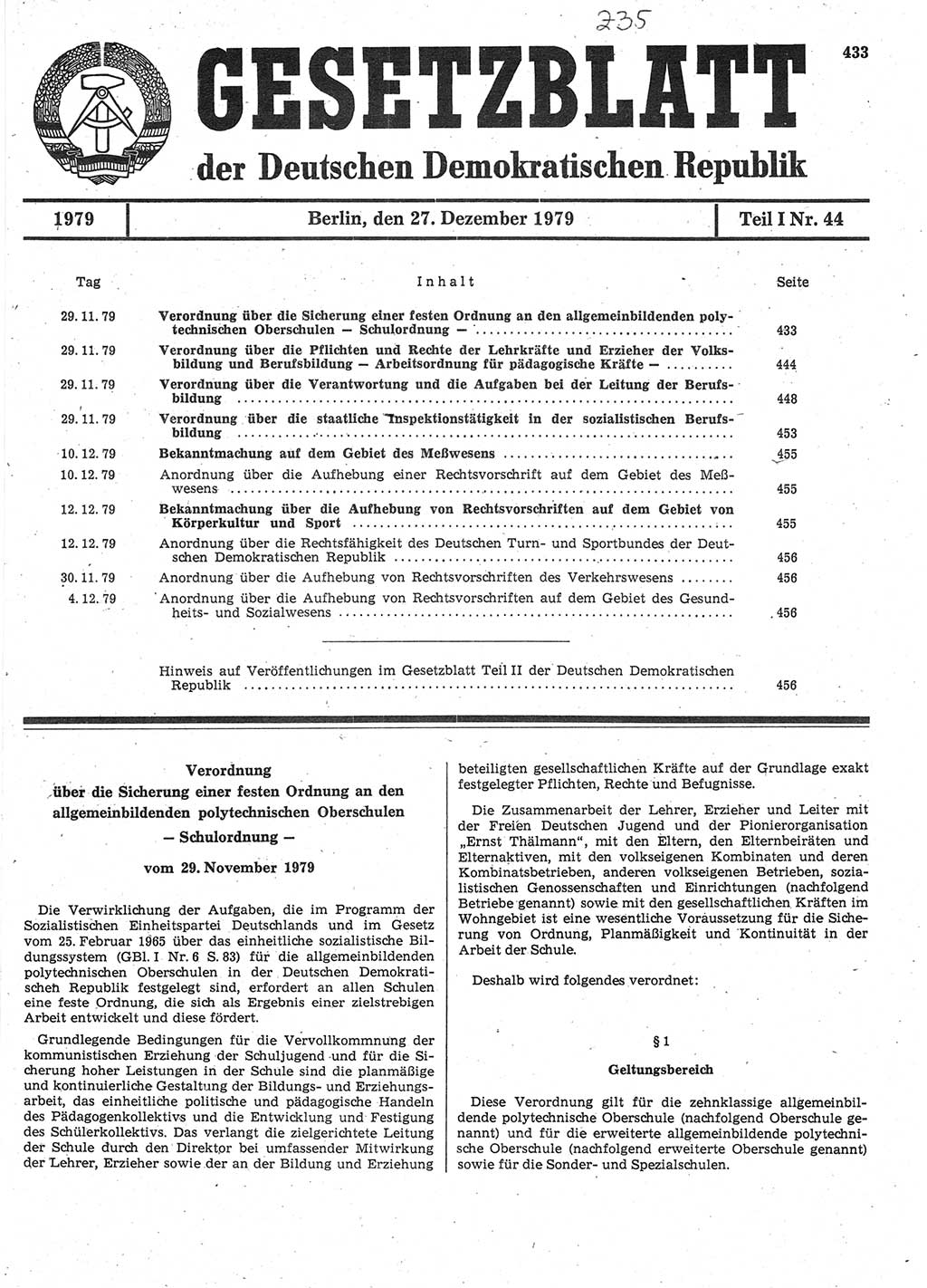 Gesetzblatt (GBl.) der Deutschen Demokratischen Republik (DDR) Teil Ⅰ 1979, Seite 433 (GBl. DDR Ⅰ 1979, S. 433)