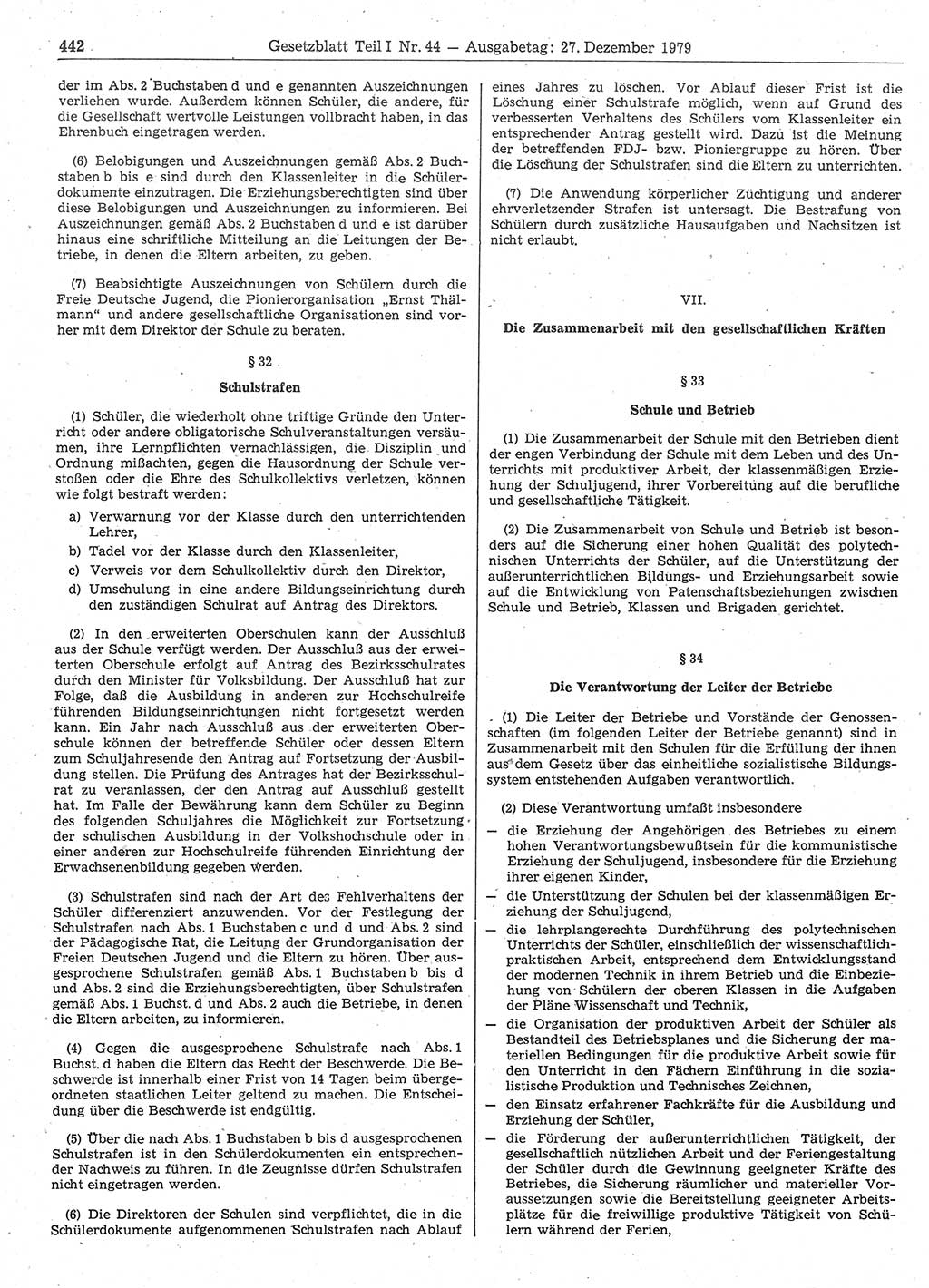 Gesetzblatt (GBl.) der Deutschen Demokratischen Republik (DDR) Teil Ⅰ 1979, Seite 442 (GBl. DDR Ⅰ 1979, S. 442)
