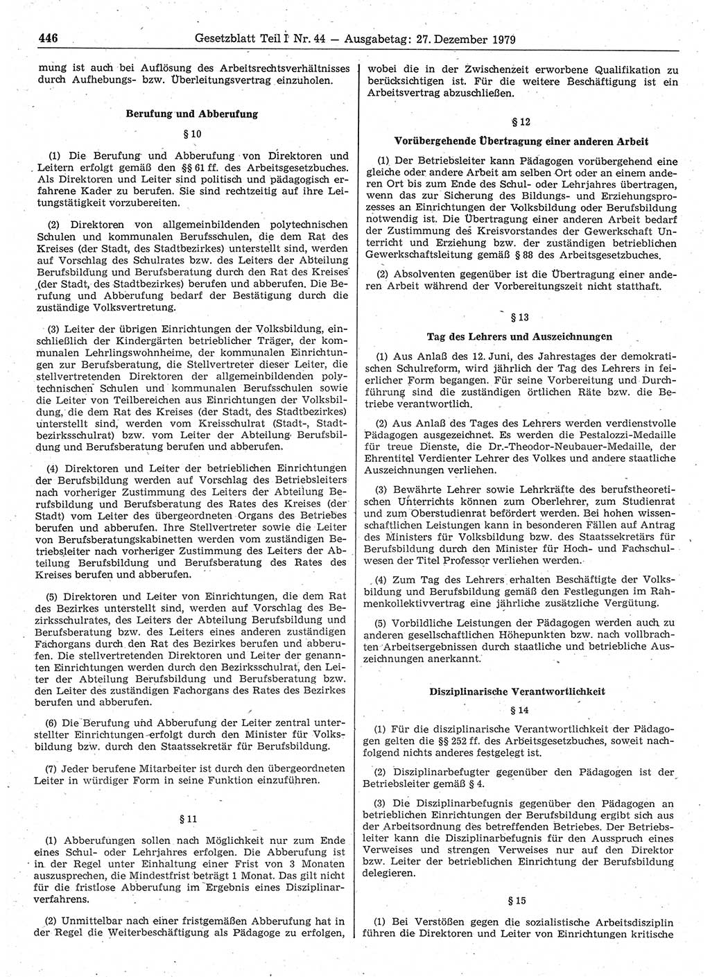 Gesetzblatt (GBl.) der Deutschen Demokratischen Republik (DDR) Teil Ⅰ 1979, Seite 446 (GBl. DDR Ⅰ 1979, S. 446)