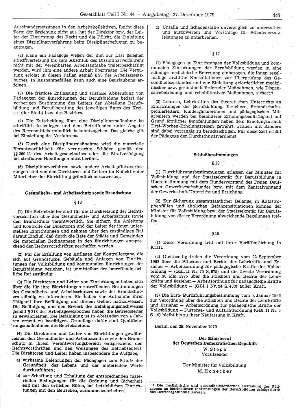 Gesetzblatt (GBl.) der Deutschen Demokratischen Republik (DDR) Teil Ⅰ 1979, Seite 447 (GBl. DDR Ⅰ 1979, S. 447)