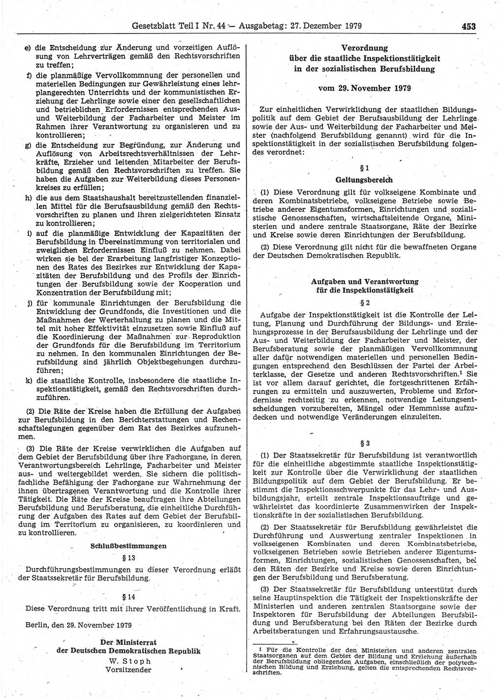 Gesetzblatt (GBl.) der Deutschen Demokratischen Republik (DDR) Teil Ⅰ 1979, Seite 453 (GBl. DDR Ⅰ 1979, S. 453)