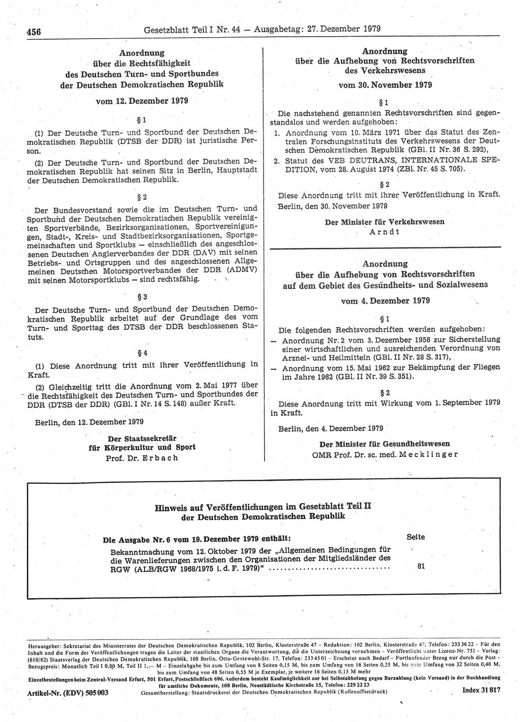 Gesetzblatt (GBl.) der Deutschen Demokratischen Republik (DDR) Teil Ⅰ 1979, Seite 456 (GBl. DDR Ⅰ 1979, S. 456)
