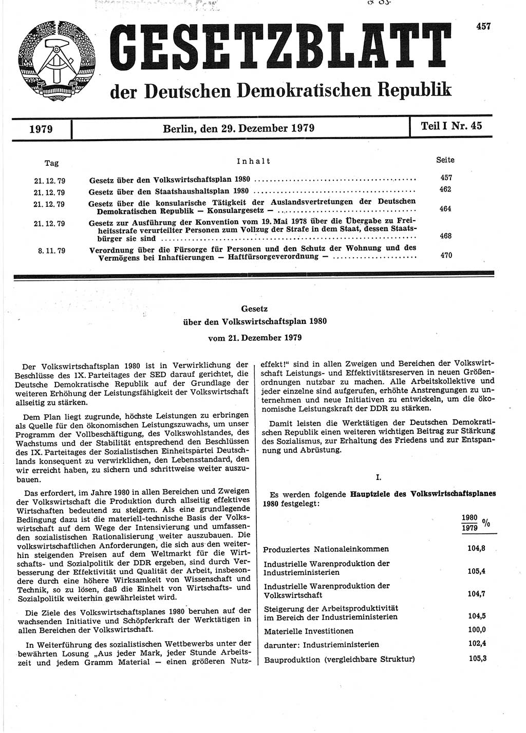 Gesetzblatt (GBl.) der Deutschen Demokratischen Republik (DDR) Teil Ⅰ 1979, Seite 457 (GBl. DDR Ⅰ 1979, S. 457)