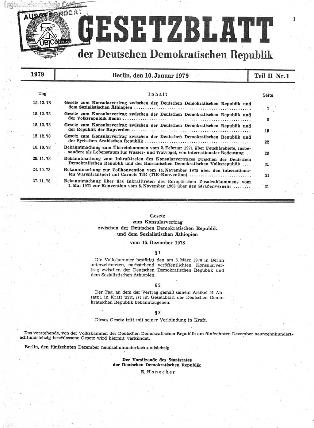 Gesetzblatt (GBl.) der Deutschen Demokratischen Republik (DDR) Teil ⅠⅠ 1979, Seite 1 (GBl. DDR ⅠⅠ 1979, S. 1)