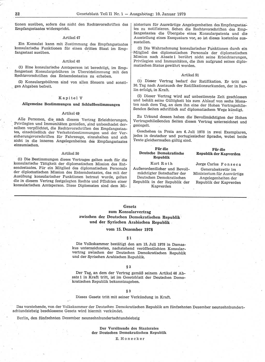 Gesetzblatt (GBl.) der Deutschen Demokratischen Republik (DDR) Teil ⅠⅠ 1979, Seite 22 (GBl. DDR ⅠⅠ 1979, S. 22)