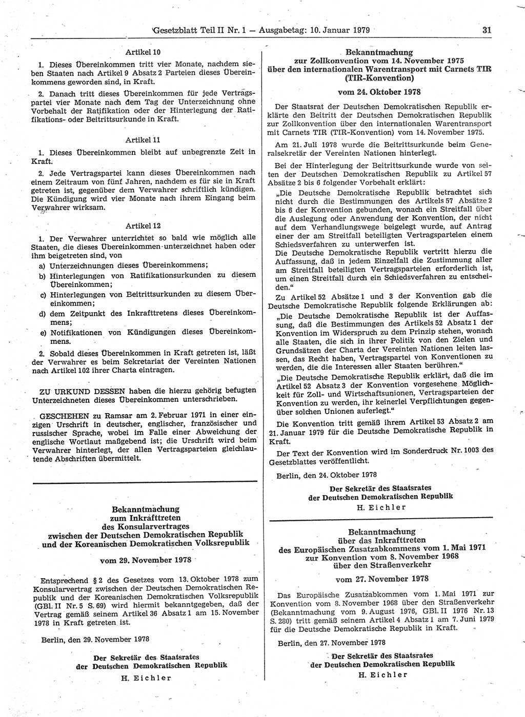 Gesetzblatt (GBl.) der Deutschen Demokratischen Republik (DDR) Teil ⅠⅠ 1979, Seite 31 (GBl. DDR ⅠⅠ 1979, S. 31)