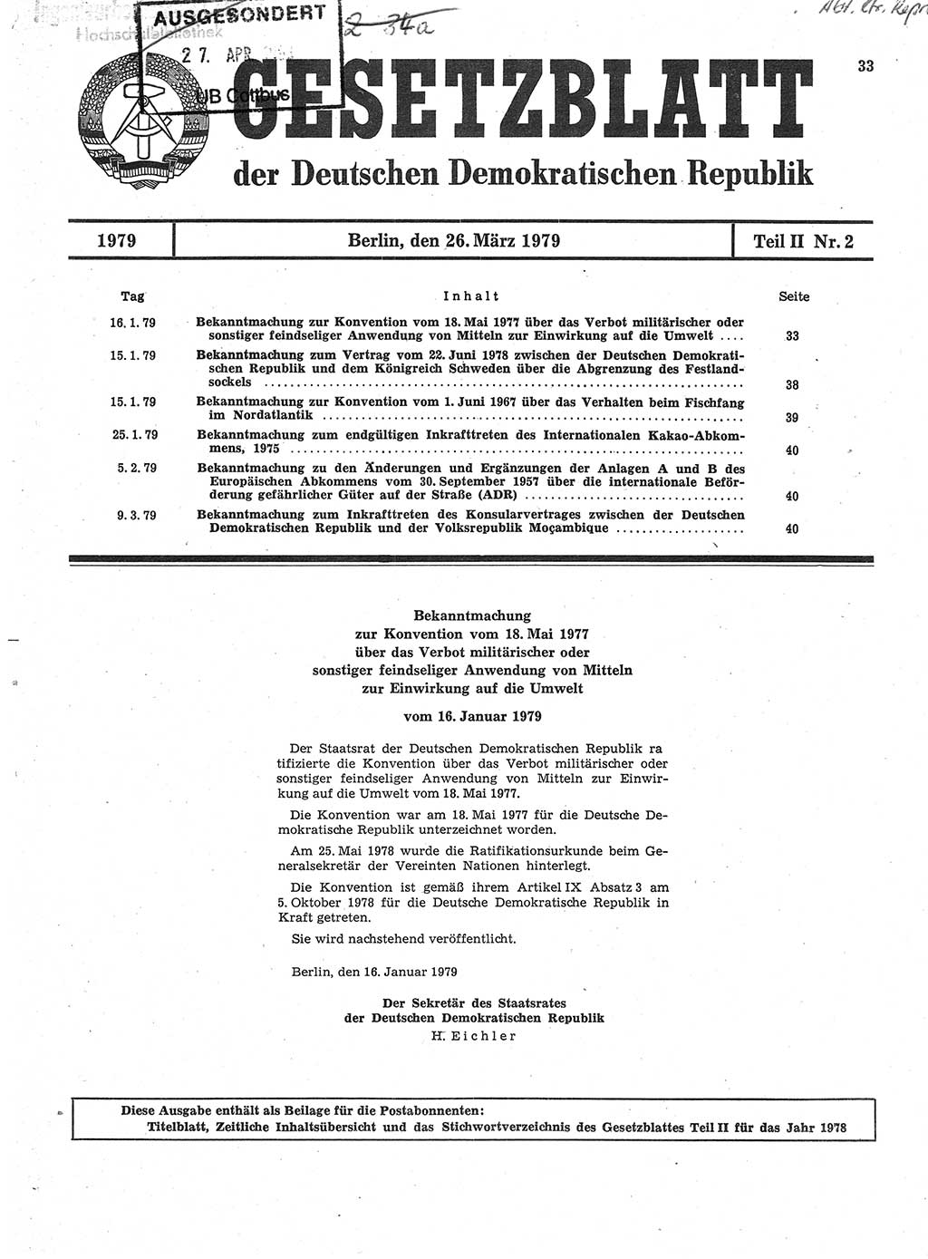 Gesetzblatt (GBl.) der Deutschen Demokratischen Republik (DDR) Teil ⅠⅠ 1979, Seite 33 (GBl. DDR ⅠⅠ 1979, S. 33)