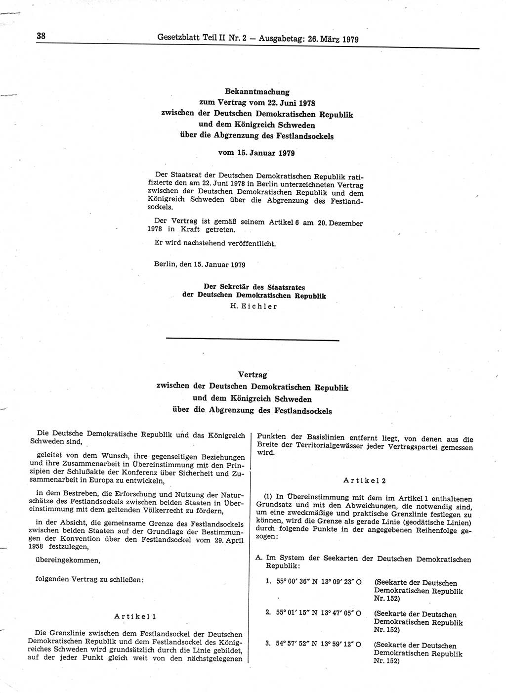 Gesetzblatt (GBl.) der Deutschen Demokratischen Republik (DDR) Teil ⅠⅠ 1979, Seite 38 (GBl. DDR ⅠⅠ 1979, S. 38)