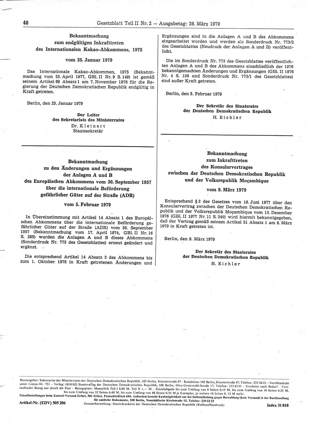 Gesetzblatt (GBl.) der Deutschen Demokratischen Republik (DDR) Teil ⅠⅠ 1979, Seite 40 (GBl. DDR ⅠⅠ 1979, S. 40)
