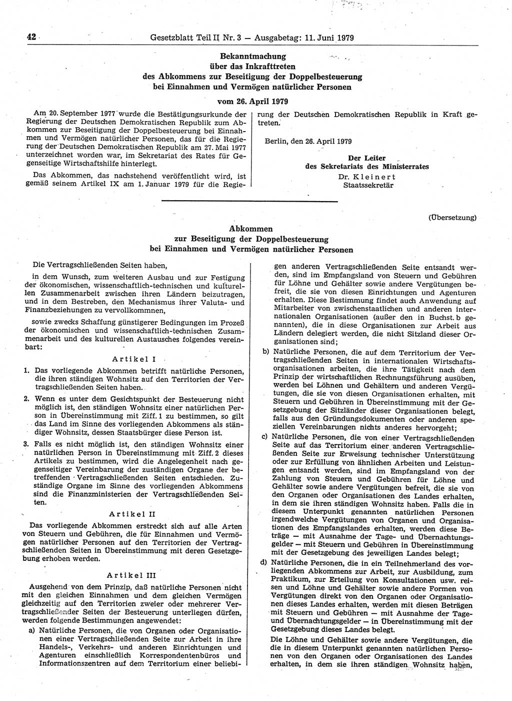 Gesetzblatt (GBl.) der Deutschen Demokratischen Republik (DDR) Teil ⅠⅠ 1979, Seite 42 (GBl. DDR ⅠⅠ 1979, S. 42)