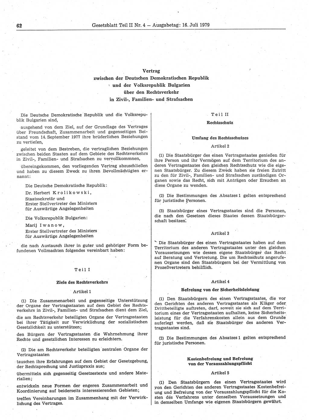 Gesetzblatt (GBl.) der Deutschen Demokratischen Republik (DDR) Teil ⅠⅠ 1979, Seite 62 (GBl. DDR ⅠⅠ 1979, S. 62)