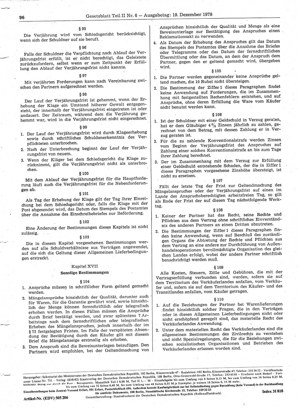 Gesetzblatt (GBl.) der Deutschen Demokratischen Republik (DDR) Teil ⅠⅠ 1979, Seite 96 (GBl. DDR ⅠⅠ 1979, S. 96)