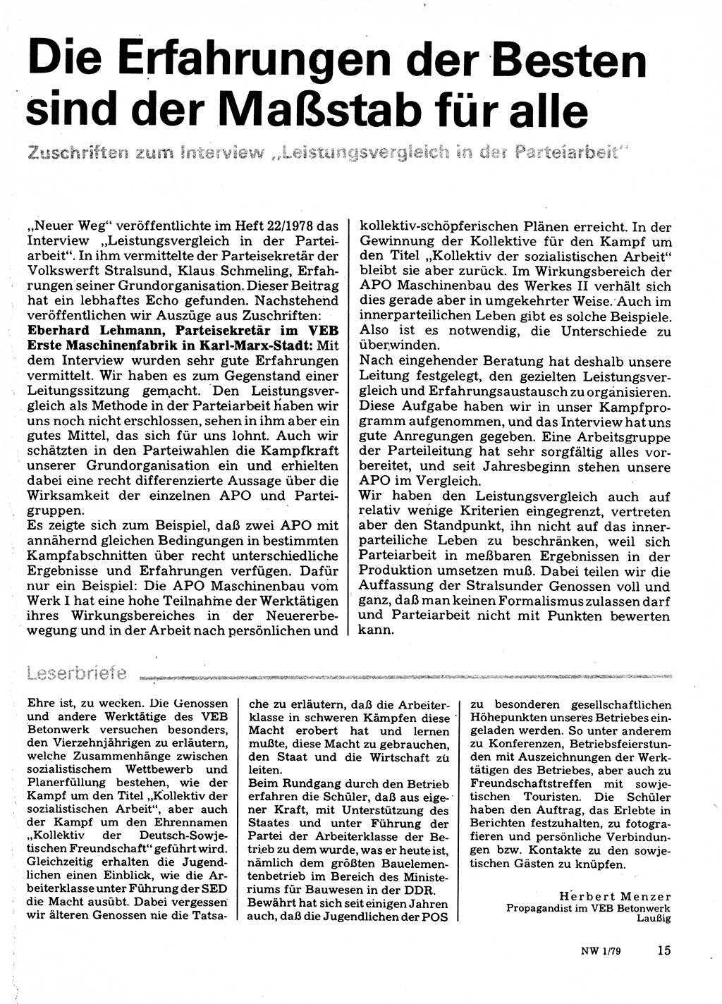 Neuer Weg (NW), Organ des Zentralkomitees (ZK) der SED (Sozialistische Einheitspartei Deutschlands) für Fragen des Parteilebens, 34. Jahrgang [Deutsche Demokratische Republik (DDR)] 1979, Seite 15 (NW ZK SED DDR 1979, S. 15)