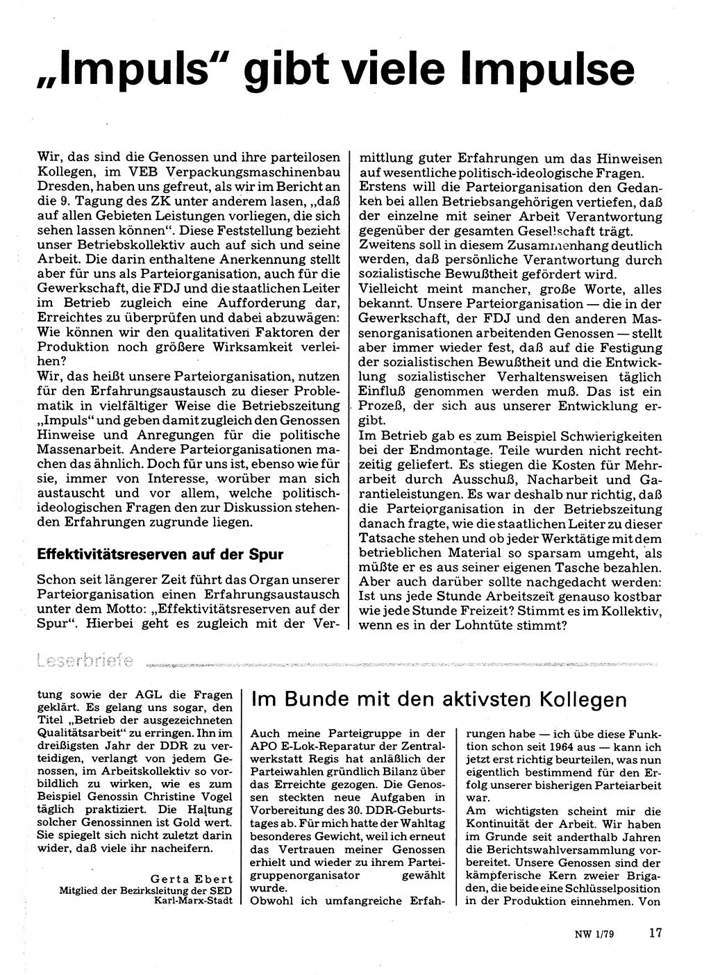 Neuer Weg (NW), Organ des Zentralkomitees (ZK) der SED (Sozialistische Einheitspartei Deutschlands) für Fragen des Parteilebens, 34. Jahrgang [Deutsche Demokratische Republik (DDR)] 1979, Seite 17 (NW ZK SED DDR 1979, S. 17)