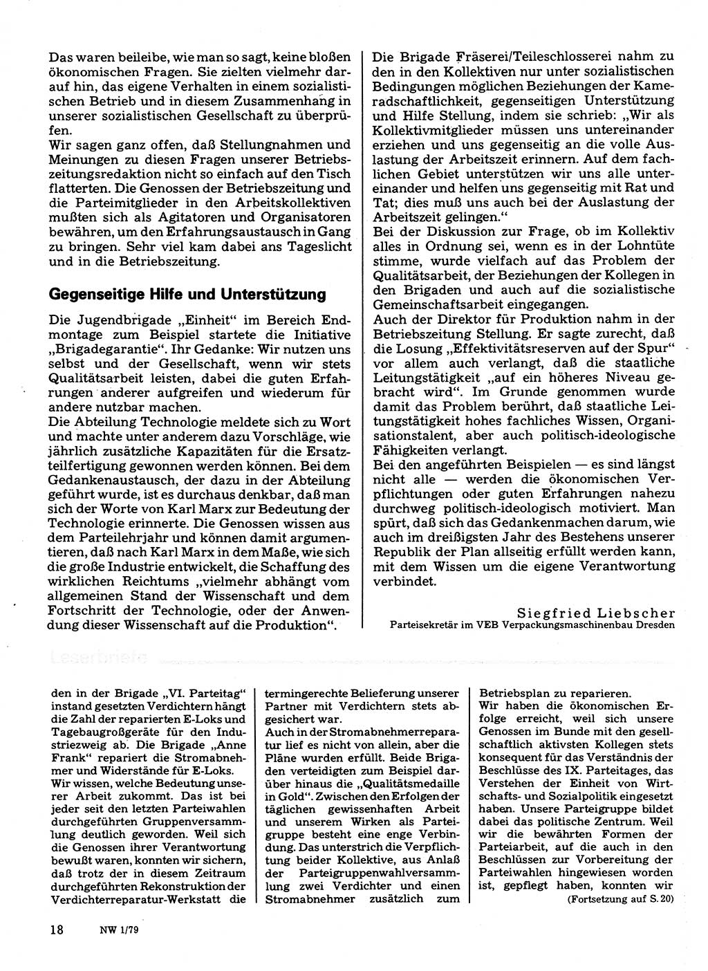 Neuer Weg (NW), Organ des Zentralkomitees (ZK) der SED (Sozialistische Einheitspartei Deutschlands) für Fragen des Parteilebens, 34. Jahrgang [Deutsche Demokratische Republik (DDR)] 1979, Seite 18 (NW ZK SED DDR 1979, S. 18)