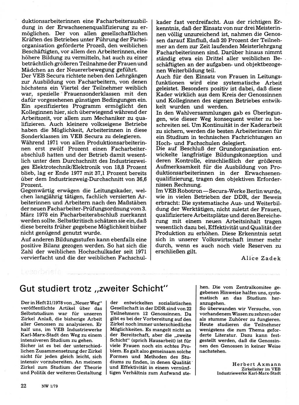 Neuer Weg (NW), Organ des Zentralkomitees (ZK) der SED (Sozialistische Einheitspartei Deutschlands) für Fragen des Parteilebens, 34. Jahrgang [Deutsche Demokratische Republik (DDR)] 1979, Seite 22 (NW ZK SED DDR 1979, S. 22)