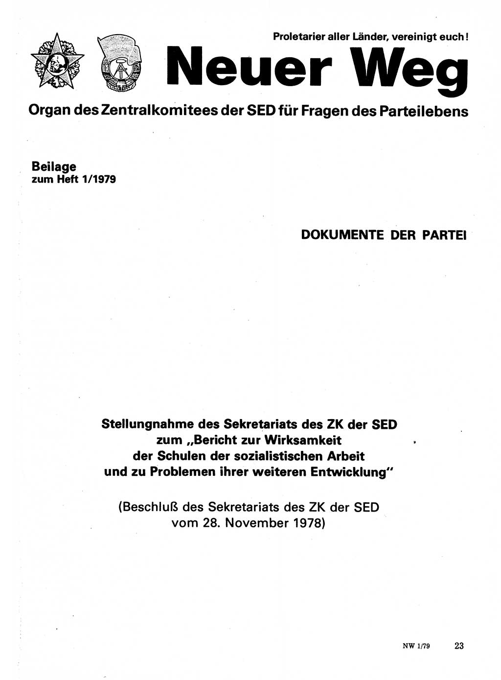 Neuer Weg (NW), Organ des Zentralkomitees (ZK) der SED (Sozialistische Einheitspartei Deutschlands) für Fragen des Parteilebens, 34. Jahrgang [Deutsche Demokratische Republik (DDR)] 1979, Seite 23 (NW ZK SED DDR 1979, S. 23)