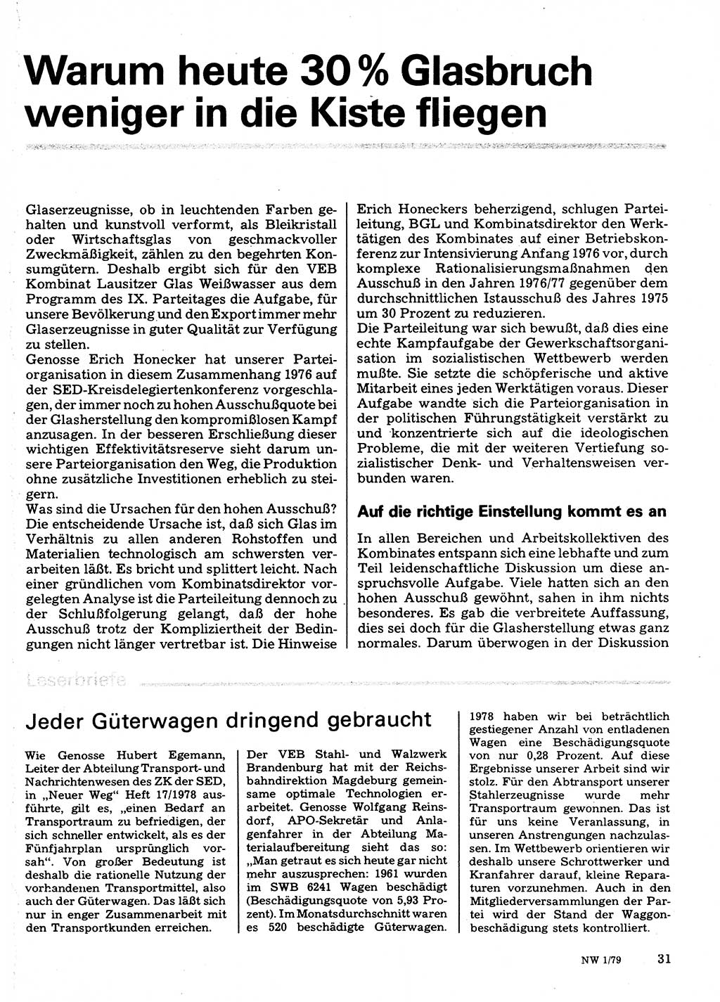 Neuer Weg (NW), Organ des Zentralkomitees (ZK) der SED (Sozialistische Einheitspartei Deutschlands) für Fragen des Parteilebens, 34. Jahrgang [Deutsche Demokratische Republik (DDR)] 1979, Seite 31 (NW ZK SED DDR 1979, S. 31)