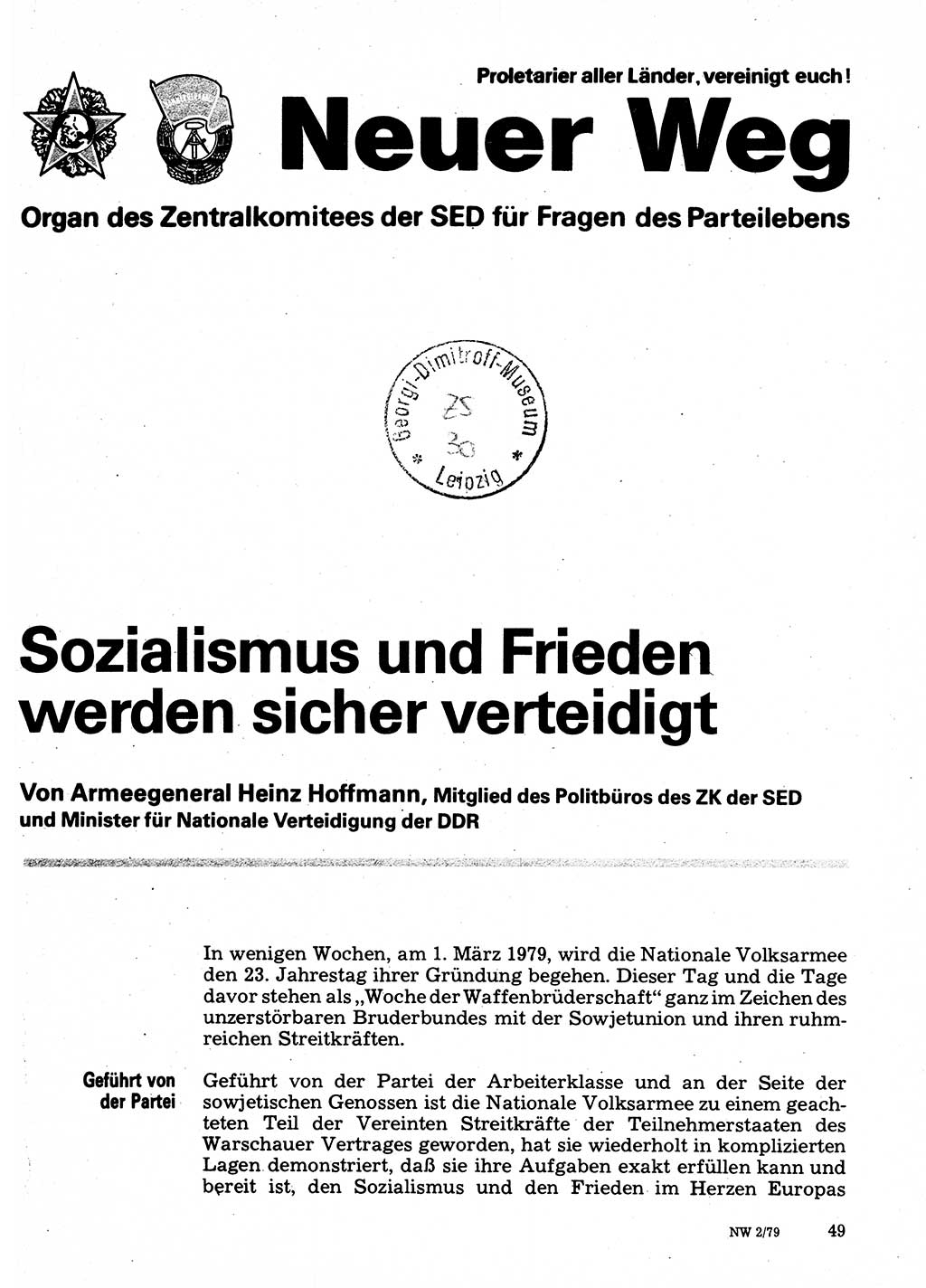 Neuer Weg (NW), Organ des Zentralkomitees (ZK) der SED (Sozialistische Einheitspartei Deutschlands) für Fragen des Parteilebens, 34. Jahrgang [Deutsche Demokratische Republik (DDR)] 1979, Seite 49 (NW ZK SED DDR 1979, S. 49)