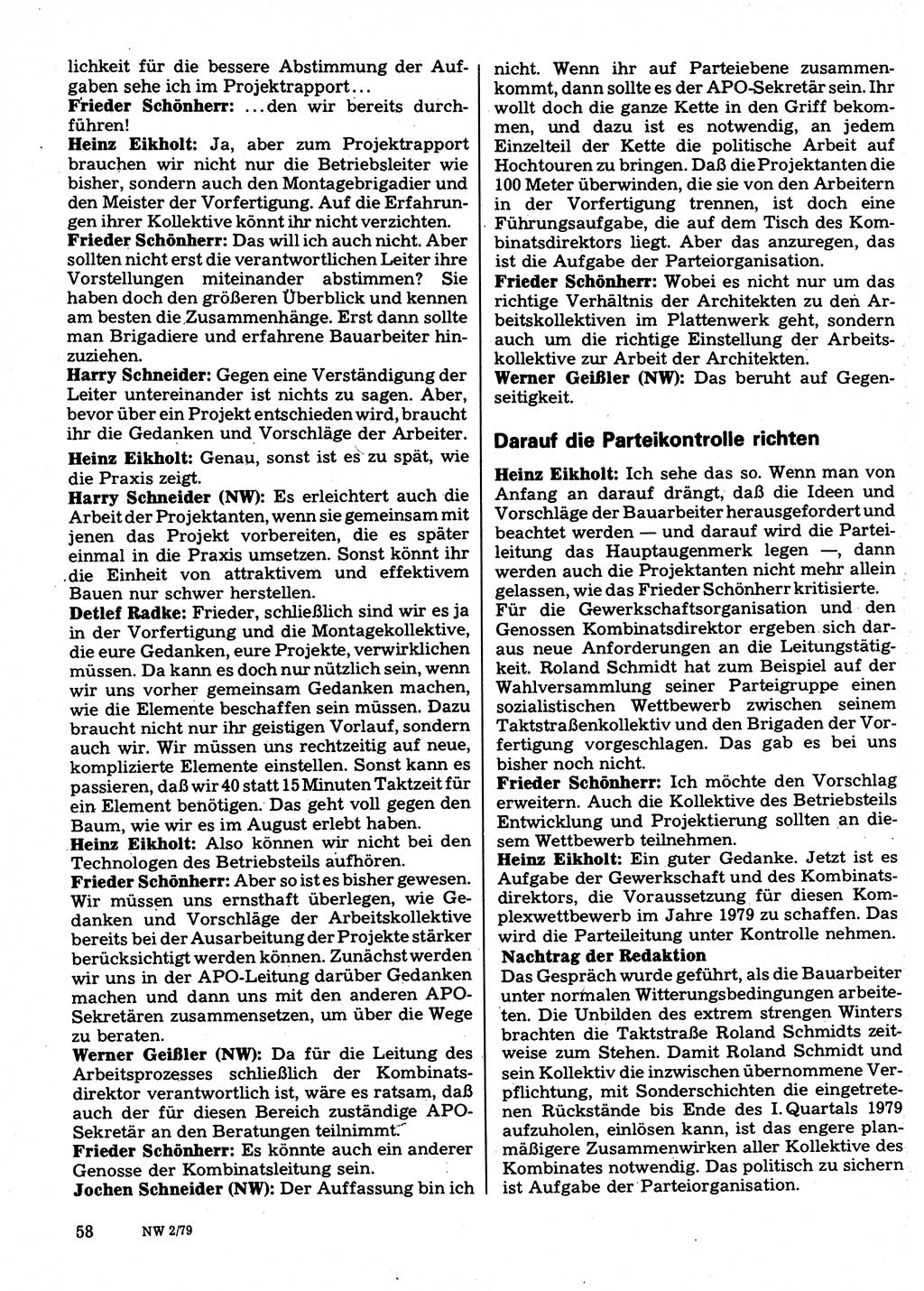 Neuer Weg (NW), Organ des Zentralkomitees (ZK) der SED (Sozialistische Einheitspartei Deutschlands) für Fragen des Parteilebens, 34. Jahrgang [Deutsche Demokratische Republik (DDR)] 1979, Seite 58 (NW ZK SED DDR 1979, S. 58)