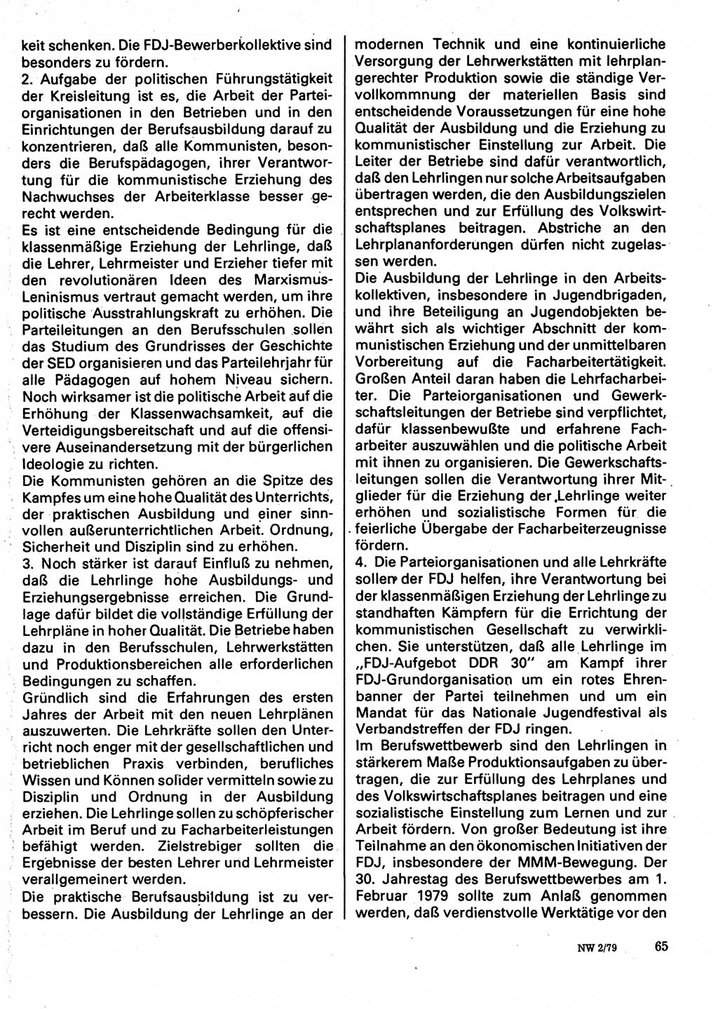 Neuer Weg (NW), Organ des Zentralkomitees (ZK) der SED (Sozialistische Einheitspartei Deutschlands) für Fragen des Parteilebens, 34. Jahrgang [Deutsche Demokratische Republik (DDR)] 1979, Seite 65 (NW ZK SED DDR 1979, S. 65)