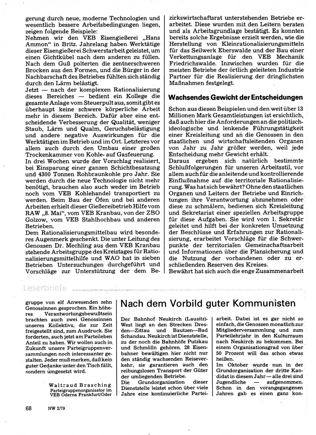 Neuer Weg (NW), Organ des Zentralkomitees (ZK) der SED (Sozialistische Einheitspartei Deutschlands) für Fragen des Parteilebens, 34. Jahrgang [Deutsche Demokratische Republik (DDR)] 1979, Seite 68 (NW ZK SED DDR 1979, S. 68)