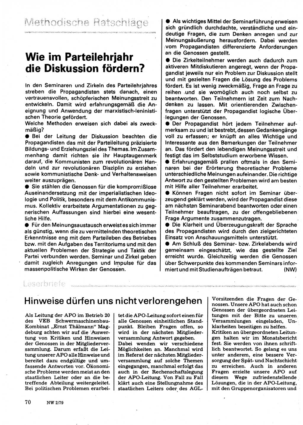 Neuer Weg (NW), Organ des Zentralkomitees (ZK) der SED (Sozialistische Einheitspartei Deutschlands) für Fragen des Parteilebens, 34. Jahrgang [Deutsche Demokratische Republik (DDR)] 1979, Seite 70 (NW ZK SED DDR 1979, S. 70)