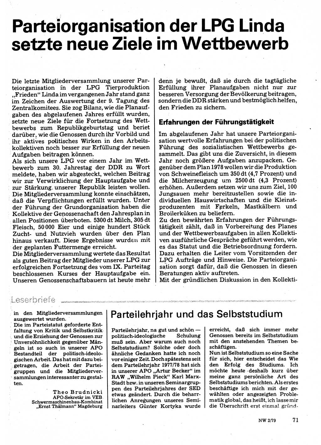 Neuer Weg (NW), Organ des Zentralkomitees (ZK) der SED (Sozialistische Einheitspartei Deutschlands) für Fragen des Parteilebens, 34. Jahrgang [Deutsche Demokratische Republik (DDR)] 1979, Seite 71 (NW ZK SED DDR 1979, S. 71)