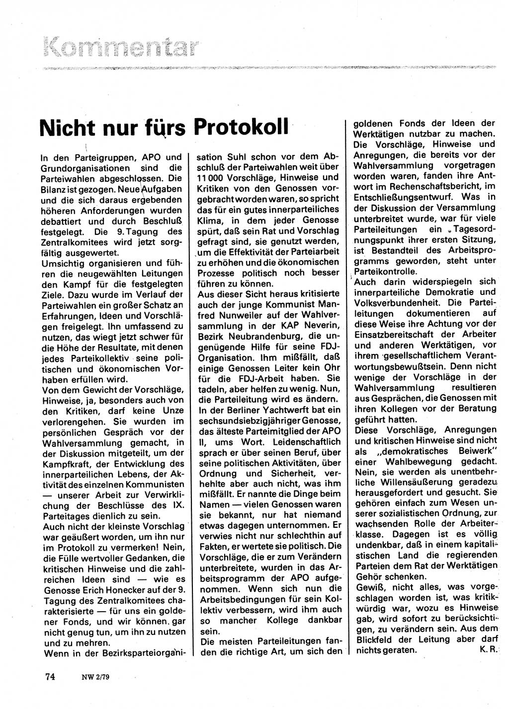 Neuer Weg (NW), Organ des Zentralkomitees (ZK) der SED (Sozialistische Einheitspartei Deutschlands) für Fragen des Parteilebens, 34. Jahrgang [Deutsche Demokratische Republik (DDR)] 1979, Seite 74 (NW ZK SED DDR 1979, S. 74)