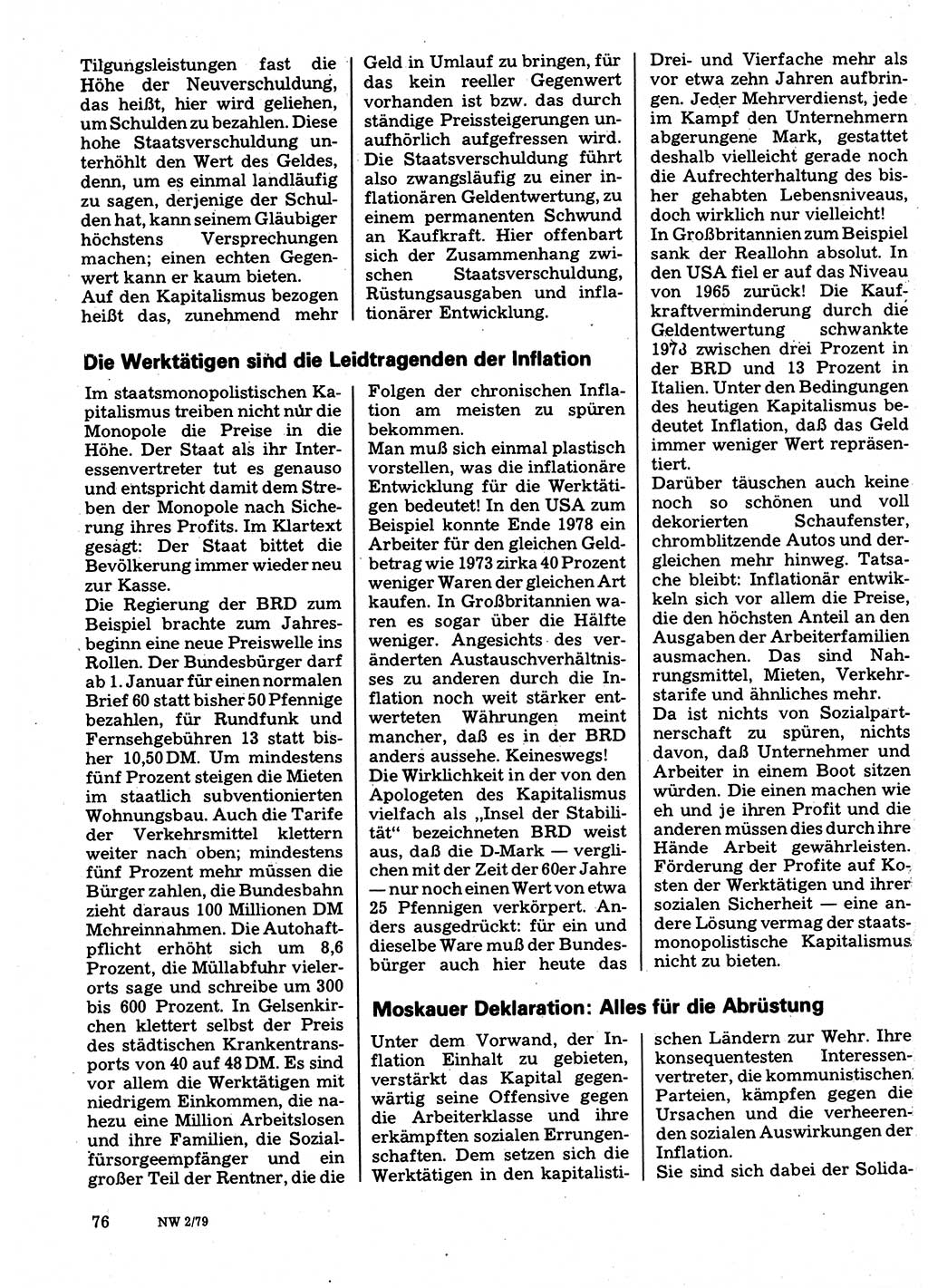 Neuer Weg (NW), Organ des Zentralkomitees (ZK) der SED (Sozialistische Einheitspartei Deutschlands) für Fragen des Parteilebens, 34. Jahrgang [Deutsche Demokratische Republik (DDR)] 1979, Seite 76 (NW ZK SED DDR 1979, S. 76)