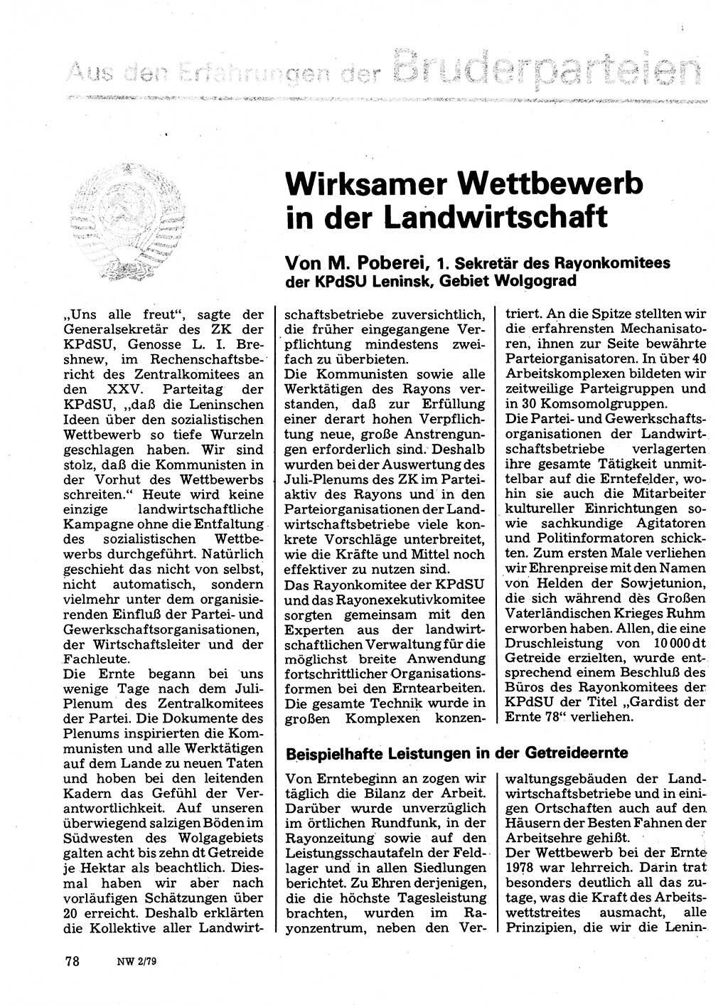 Neuer Weg (NW), Organ des Zentralkomitees (ZK) der SED (Sozialistische Einheitspartei Deutschlands) für Fragen des Parteilebens, 34. Jahrgang [Deutsche Demokratische Republik (DDR)] 1979, Seite 78 (NW ZK SED DDR 1979, S. 78)