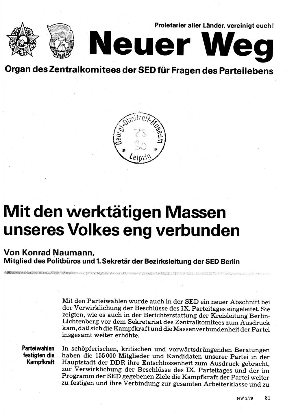 Neuer Weg (NW), Organ des Zentralkomitees (ZK) der SED (Sozialistische Einheitspartei Deutschlands) für Fragen des Parteilebens, 34. Jahrgang [Deutsche Demokratische Republik (DDR)] 1979, Seite 81 (NW ZK SED DDR 1979, S. 81)