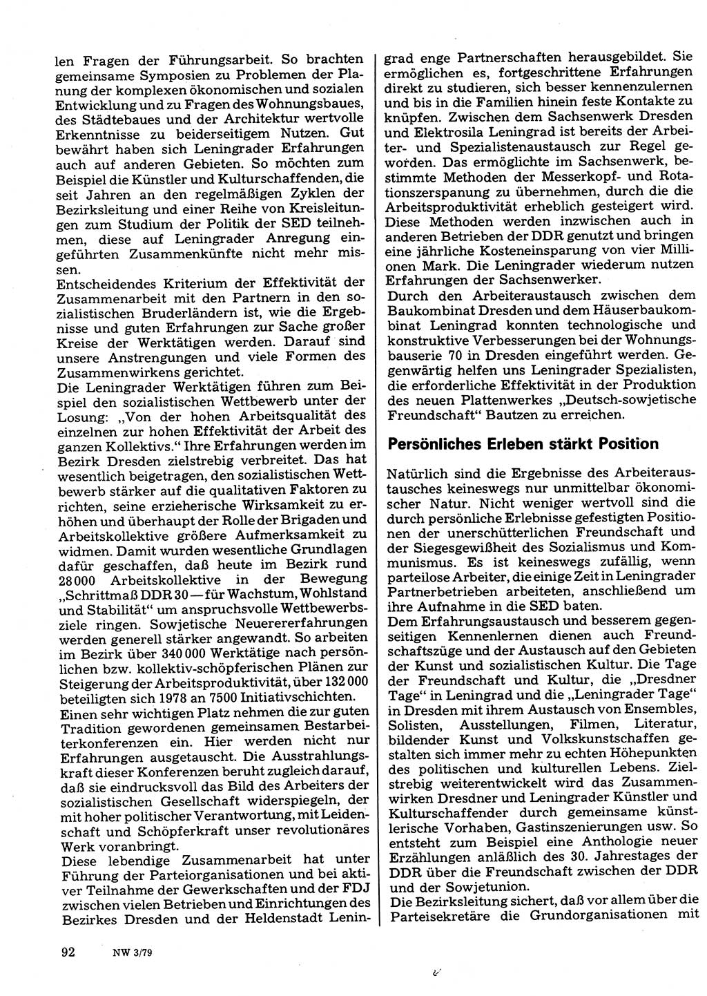 Neuer Weg (NW), Organ des Zentralkomitees (ZK) der SED (Sozialistische Einheitspartei Deutschlands) für Fragen des Parteilebens, 34. Jahrgang [Deutsche Demokratische Republik (DDR)] 1979, Seite 92 (NW ZK SED DDR 1979, S. 92)