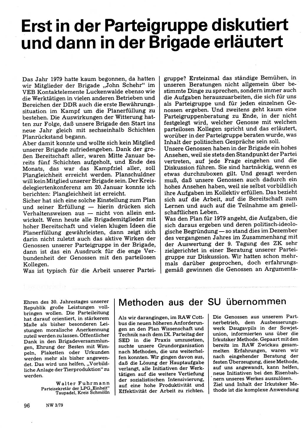 Neuer Weg (NW), Organ des Zentralkomitees (ZK) der SED (Sozialistische Einheitspartei Deutschlands) für Fragen des Parteilebens, 34. Jahrgang [Deutsche Demokratische Republik (DDR)] 1979, Seite 96 (NW ZK SED DDR 1979, S. 96)