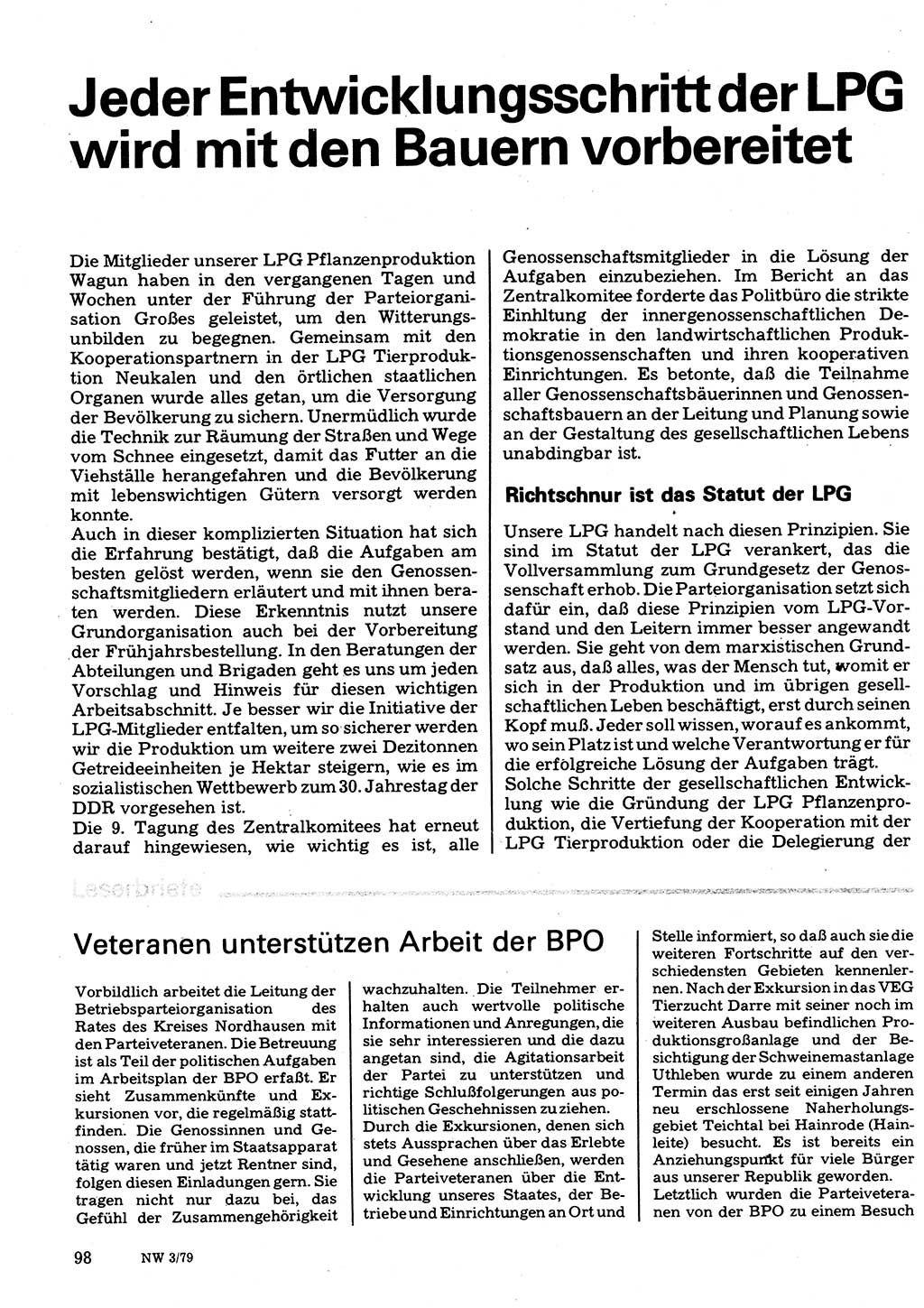 Neuer Weg (NW), Organ des Zentralkomitees (ZK) der SED (Sozialistische Einheitspartei Deutschlands) für Fragen des Parteilebens, 34. Jahrgang [Deutsche Demokratische Republik (DDR)] 1979, Seite 98 (NW ZK SED DDR 1979, S. 98)
