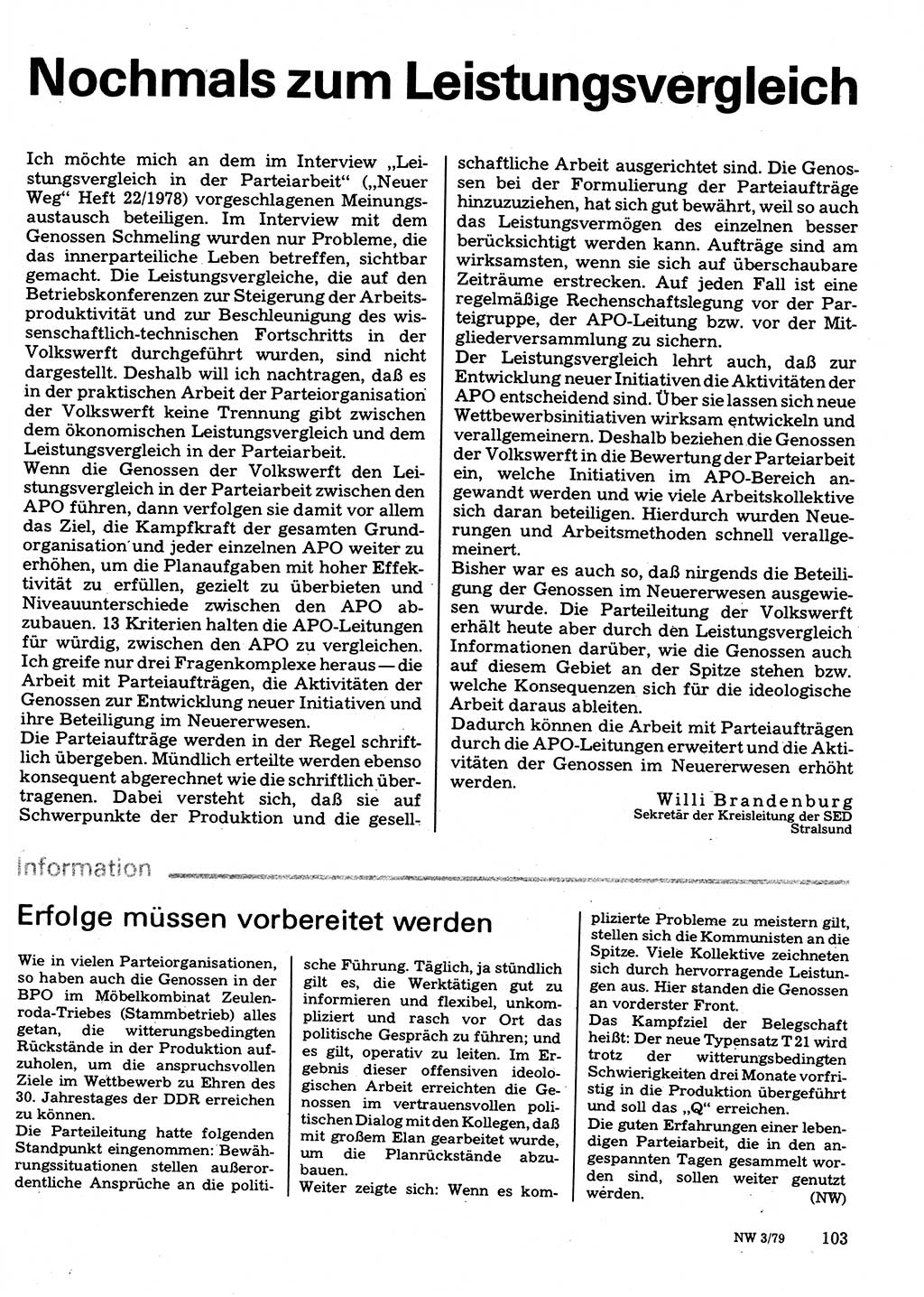 Neuer Weg (NW), Organ des Zentralkomitees (ZK) der SED (Sozialistische Einheitspartei Deutschlands) für Fragen des Parteilebens, 34. Jahrgang [Deutsche Demokratische Republik (DDR)] 1979, Seite 103 (NW ZK SED DDR 1979, S. 103)