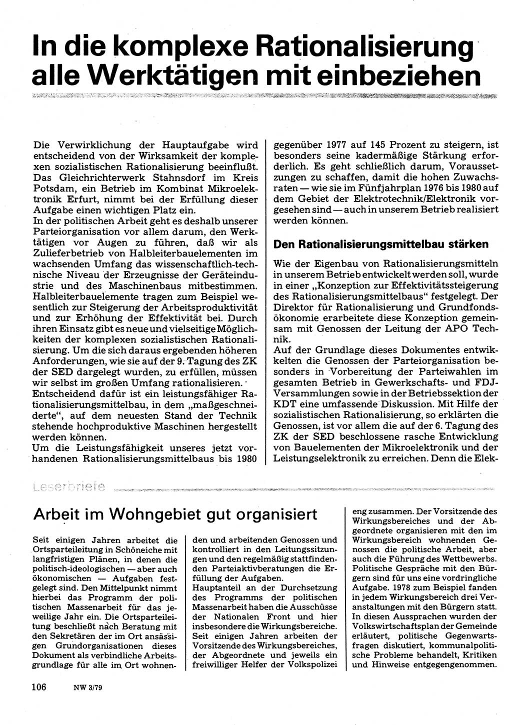 Neuer Weg (NW), Organ des Zentralkomitees (ZK) der SED (Sozialistische Einheitspartei Deutschlands) für Fragen des Parteilebens, 34. Jahrgang [Deutsche Demokratische Republik (DDR)] 1979, Seite 106 (NW ZK SED DDR 1979, S. 106)